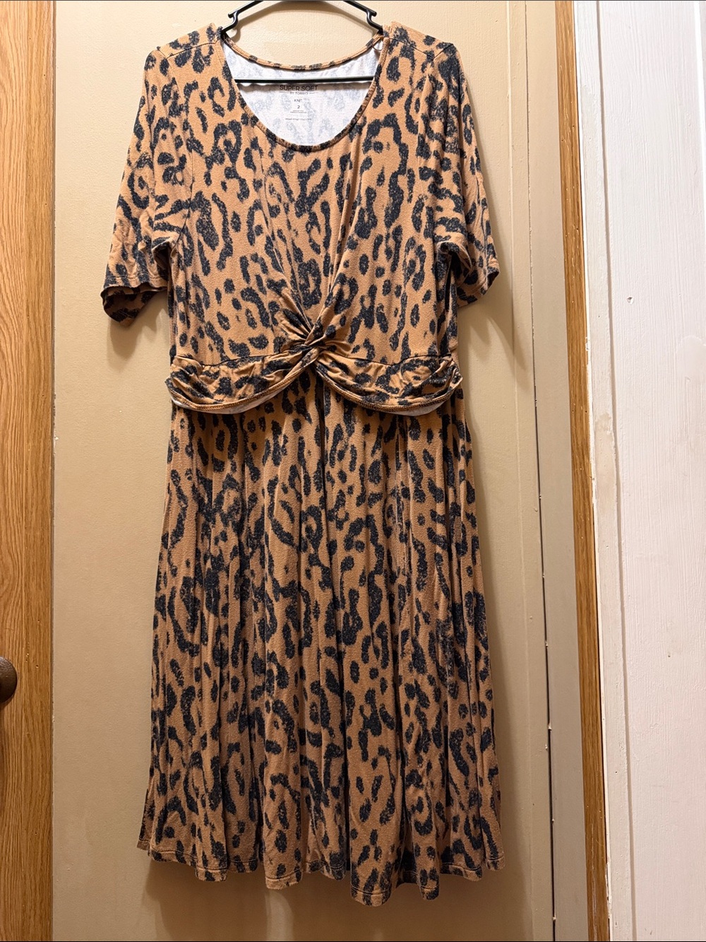 Leopard Print Midi Dress with Twist Front in Tan and Black